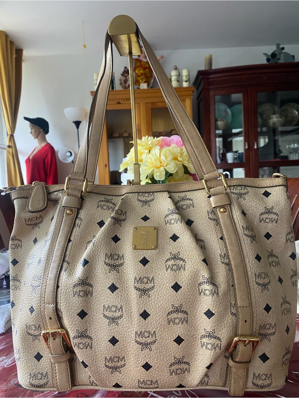 MCM Beige Visetos Monogram Tote with Gold Plaque Accents
